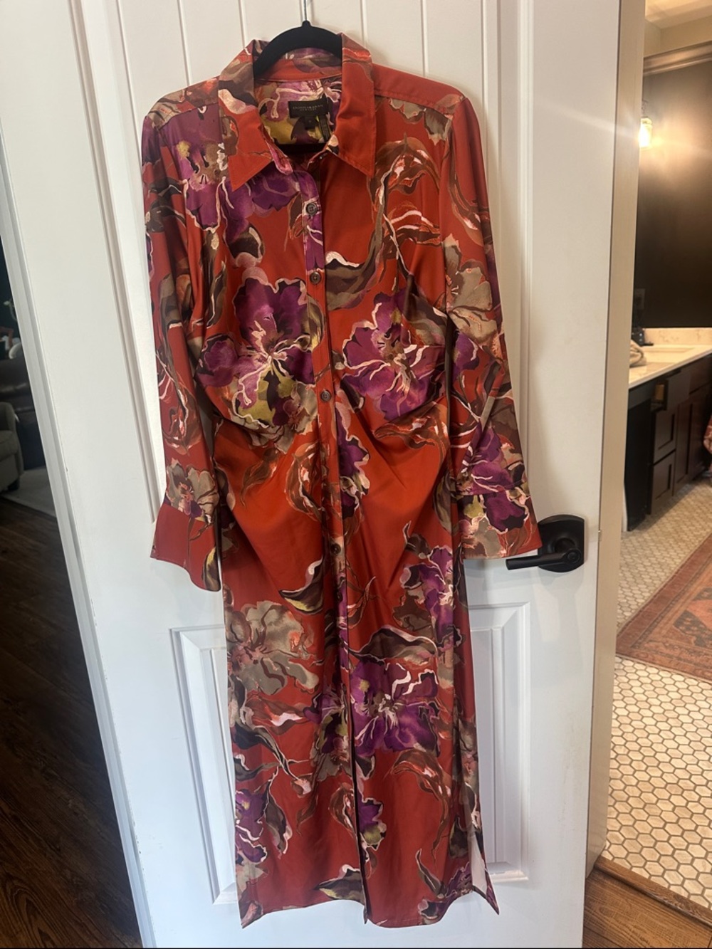 Donna Karan Rust Floral Midi Dress with Purple Accents